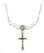 Silver  1&quot; Crucifix Necklace with Faux Pearls, New #AB-353-R2 - $550.13 MXN