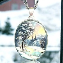 MOP Hand Painted River Trees Sky Snow Scene Necklace Mother of Pearl Vintage 24&quot; - £44.13 GBP