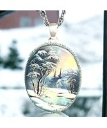 MOP Hand Painted River Trees Sky Snow Scene Necklace Mother of Pearl Vin... - £44.13 GBP