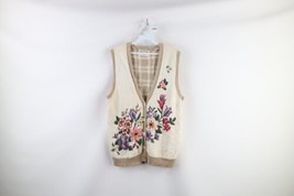 Vtg 90s Streetwear Womens Medium Flower Embroidered Knit Cardigan Sweater Vest - £46.93 GBP