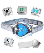 Blue Heart Italian Charm Watch Bracelet Plus Charm Tool & Enamel Charms - £13.96 GBP