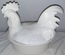 Vintage CALI USA Pottery White Chicken/Rooster Covered Tureen 11” x 11” ... - $24.99