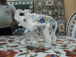 8&#39;&#39; White Marble Elephant Trunk Up Sculpture Lapis Floral Inlay Show Pie... - $318.50
