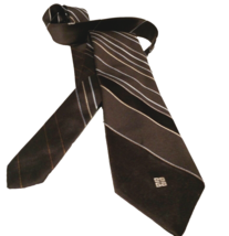 Givenchy Gentleman Men&#39;s Necktie Stripe Logo Brown Bronze Silver Paris 3.25&quot; VTG - £7.38 GBP