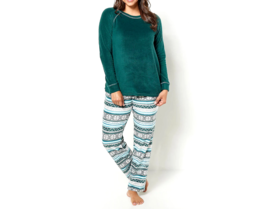 Cuddl Duds Fleecewear with Stretch Pajama Set- PINE GREEN/ FAIR ISLE, LARGE - £22.29 GBP
