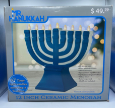 Mr. Hanukkah 12&quot; Ceramic Hanukkah Menorah Holiday Decoration Blue Timer - £37.75 GBP