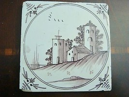 18th century salvaged Delft manganese tile with depictions of country bu... - $80.18