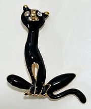 Enamel Black Cat With Rhinestones Brooch Pin - £9.45 GBP