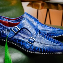 Genuine Ostrich Leg Double Monk Strap Shoes Napoli Electric Blue image 7
