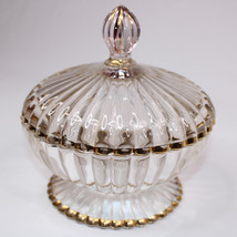 Vintage Jeanette Glass Gold Trimmed Candy Dish With Lid Footed National Pattern - £11.79 GBP
