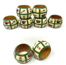 8 Napkin Rings Hand Painted Gardening Wooden Informal Outdoor Dining Vintage - £12.64 GBP