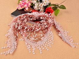 Ladies Lace&amp; Embroidery Sheer Metallic Triangle Scarf Shawl Tassel Wrap - £3.98 GBP