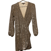 Gianni Bini Womens Wrap Dress Metallic Beige Long Sleeve Sequin XS - $24.74