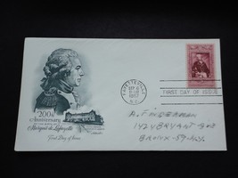 1957 Marquis de Lafayette First Day Issue Envelope Stamp Chavaniac France - £1.95 GBP