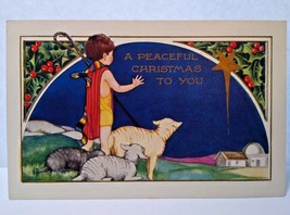 Christmas Postcard Whitney Child With Sheep Lambs Country Farm Gold Star Vintage - $13.30