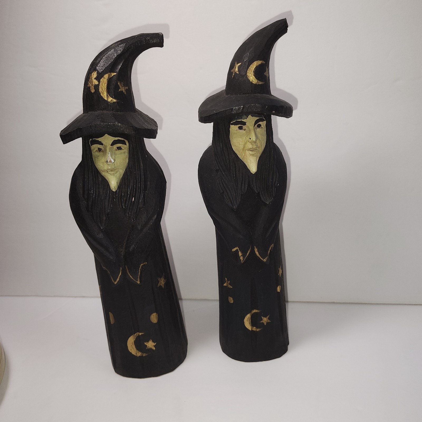 James Haddon Hand Carved Wood Witches Pair Signed Folk Art Halloween Decor 10” Item image 12