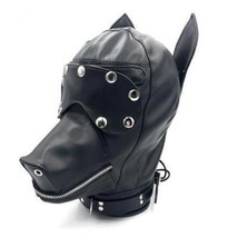 Leather Animal Full Face Head Mask Dog Puppy Hood Removable Eye Mask Zipper - £50.21 GBP