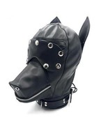 Leather Animal Full Face Head Mask Dog Puppy Hood Removable Eye Mask Zipper - £49.87 GBP