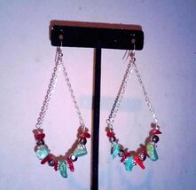 Natural Turquoise Nuggets &amp; Coral Sticks Dangly Chandelier Silver Chain ... - $17.95