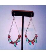 Natural Turquoise Nuggets &amp; Coral Sticks Dangly Chandelier Silver Chain ... - $17.95