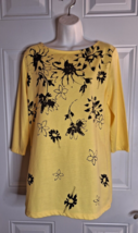 Coral Bay 3/4 Sleeve Yellow Black Floral Scoop Neck Pullover Top Blouse MED NWT - £7.46 GBP