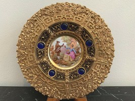 Vintage French Ornate Brass and Jeweled Limoges Fragonard Plaque 7 1/8&quot; - £275.84 GBP