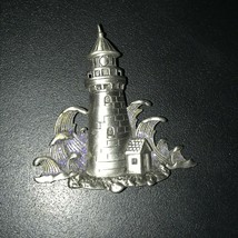 Vintage JJ Signed Silvertone Lighthouse w Purply Sparkly Waves Pin Brooc... - $16.69