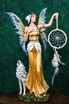 Large Native Indian Fairy Pocahontas Holding Dreamcatcher With Grey Wolf Statue - £79.92 GBP