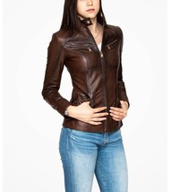 Leather Jacket Size Women&#39;s Coat Women Moto Biker Vintage Soft Bomber Brown 52 - £90.02 GBP+