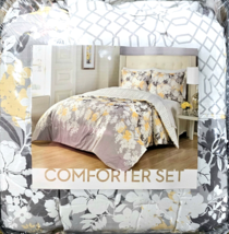 King Comforter Set 102x90in Grey With Yellow White Flowers - £83.92 GBP