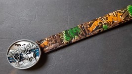 DEER SCENE Design Antiqued Genuine Leather Belt with  Detail Epoxy Deer ... - $38.61