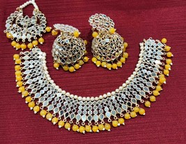 Mirror Jaipuri Yellow Gold Plated Necklace Jhumka Earrings Tika Jewelry Set - £30.24 GBP