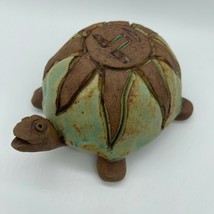 Turtle Ceramic Figurine Sculpture Sun Pattern Shell Brown Aqua Folk Art 5&quot; - $24.00