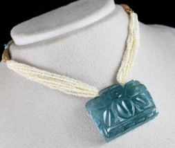 Natural Blue Aquamarine Carved 176.20 Ct Pearl Gemstone Old Antique Necklace - £24,375.79 GBP