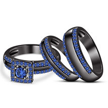 14k Black Gold Over 1.2Ct Round Blue Sapphire His &amp; Her Trio Wedding Ring Set - £83.45 GBP