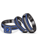 14k Black Gold Over 1.2Ct Round Blue Sapphire His &amp; Her Trio Wedding Rin... - $142.22 CAD