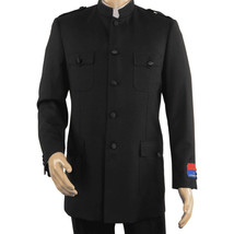 Men Apollo King Banded Collarless suit Mandarin Military Style 5button K1 Black image 2