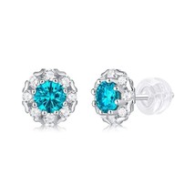 Round Cut Blue Moissanite Women&#39;s Stud Earrings 14K White Gold Plated Jewelry - £89.54 GBP
