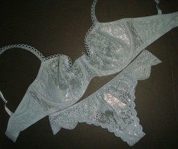 Victoria&#39;s Secret unlined 34C BRA SET S Thong BLUE GRAY silver foil embroidered - £55.40 GBP