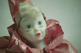 Porcelain Mardi Gras Jester Clown Harlequin Doll Pink Blue Silver Trim w Stand - £13.44 GBP