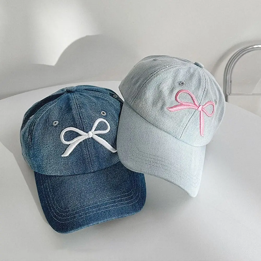 Bow Embroidery Baseball Caps Simple Washed Denim Casual Visor Cap Spring Summer - £10.61 GBP