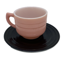 Hazel Atlas Pink &amp; Black Moderntone Milkglass Set of Tea Cup w Saucer, Children - £15.17 GBP