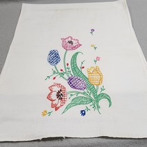 Hand Embroidered TULIPS Cotton Linen Kitchen Hand Dish Towel 30&quot;x13.5&quot; - £7.20 GBP