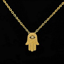 Tiny Hamsa Hand Necklace 17&quot; Chain Tiny Glittering Charm Cz Evil Eye Gold New - £7.15 GBP