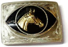 Western Silver Plated Belt Buckle Gold Tone Horse Black Enamel Acrylic  - $59.38