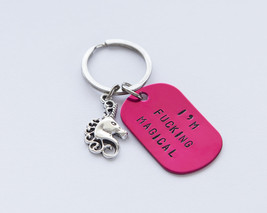 Unicorn magical keychain, pink hand stamped key ring I'm F-ing Magical, fuchsia  - $26.00