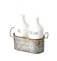 Scratch &amp; Dent Country White Ceramic Oil and Vinegar Cruet Set With Metal Holder - £23.28 GBP