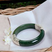 Burmese Hinged Jade Bangle Bracelet Dark Green 925 Silver Covered Inner 56.7 mm - £205.39 GBP