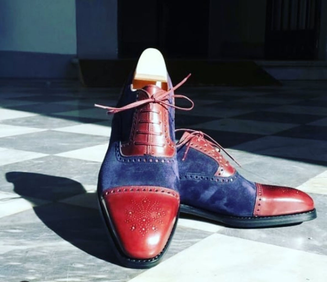 NEW Handmade Men's Red Navy Blue Shoes, Cap Toe Lace Up Shoe, Men Leather Suede