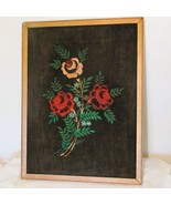 Vintage Embroidered Roses On Brown Velvet Wall Art 15&quot;x20&quot; Floral Wood F... - $298.77 MXN